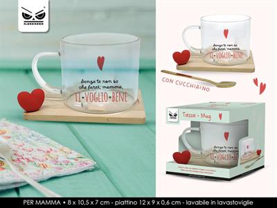 TAZZA MAMMA VETRO C/PIATTINO LEGNO TI VOGLIO BENE