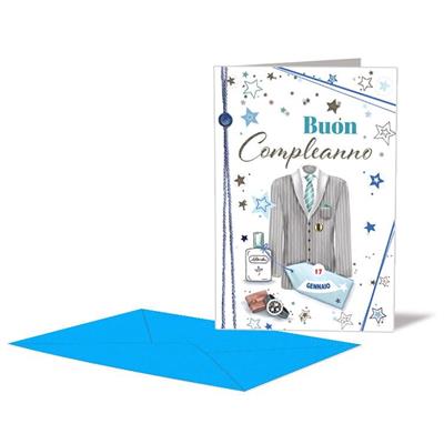 BIGLIETTO COMPLEANNO MASCHILE GIACCA DOPPIA ROTELLA