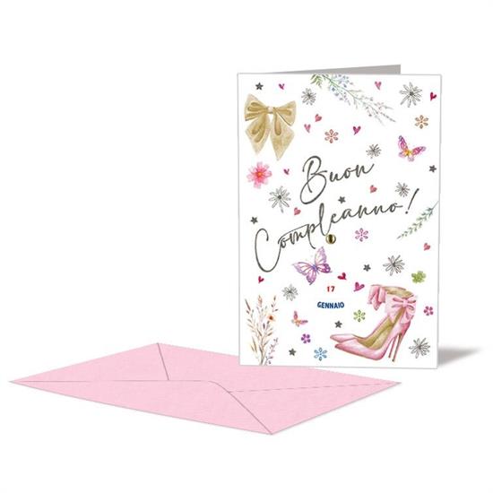 BIGLIETTO COMPLEANNO FEMMINILE SCARPE DOPPIA ROTELLA