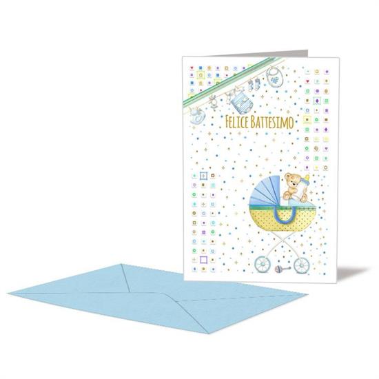 BIGLIETTO BATTESIMO CARROZZINA AZZURRA