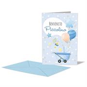 BIGLIETTO NASCITA AZZURRO CARROZZINA