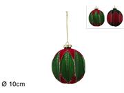 PALLA VETRO ROSSO/VERDE FLOCCATA 10cm ASS.