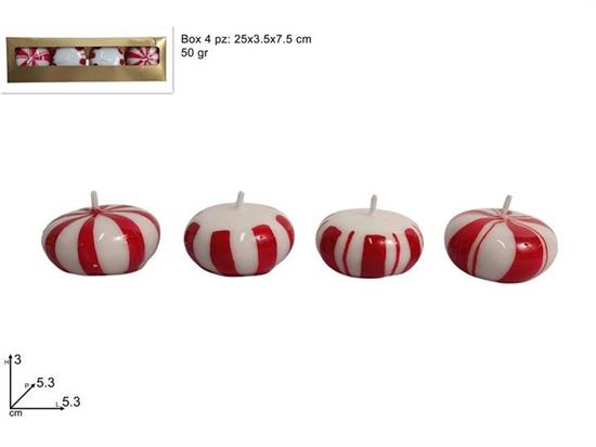 CANDELE 5cm DECORO BIANCO ROSSO 50gr x4pz art.386454