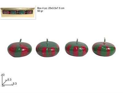 CANDELE 5cm DECORO ROSSO VERDE 50gr x4pz