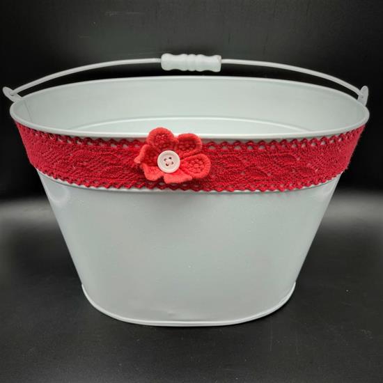 SECCHIO LATTA OVALE BIANCO MERLETTO ROSSO