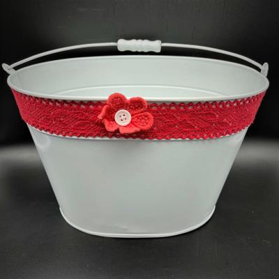SECCHIO LATTA OVALE BIANCO MERLETTO ROSSO
