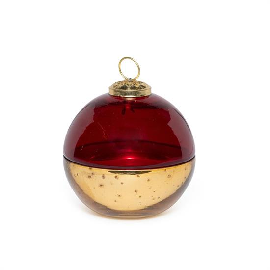 CANDELA PROFUMATA IN COFANETTO PALLA VETRO 10cm ORO/ROSSA