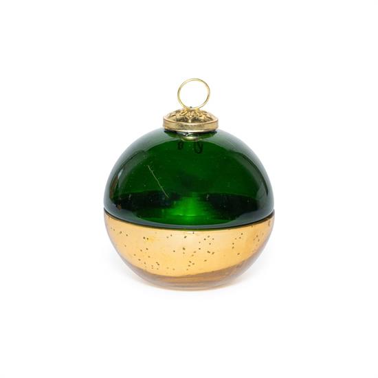 CANDELA PROFUMATA IN COFANETTO PALLA VETRO 10cm ORO/VERDE