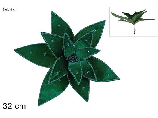 FIORE VELLUTO VERDE C/BORDO GLITTER VERDE 32cm PINZETTA