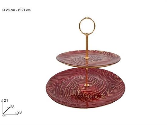 ALZATINA 2 PIANI VETRO VORTICE ROSSO/ORO 28/21cm