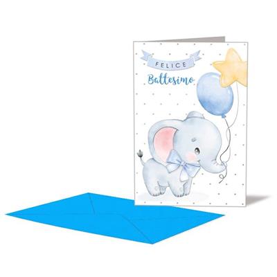 BIGLIETTO BATTESIMO ELEFANTINO AZZURRO