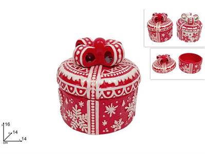 BARATTOLO CERAMICA TONDO 14cm C/FIOCCO ROSSO/BIANCO