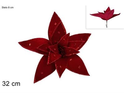 FIORE VELLUTO ROSSO C/BORDO GLITTER ORO 32cm PINZETTA
