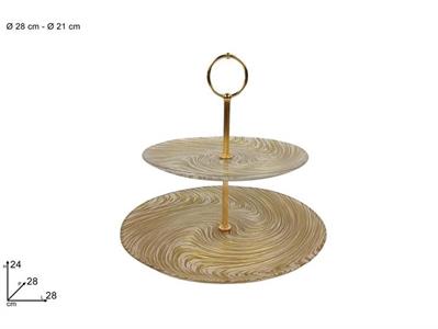 ALZATINA 2 PIANI VETRO VORTICE ORO/BIANCO 28/21cm