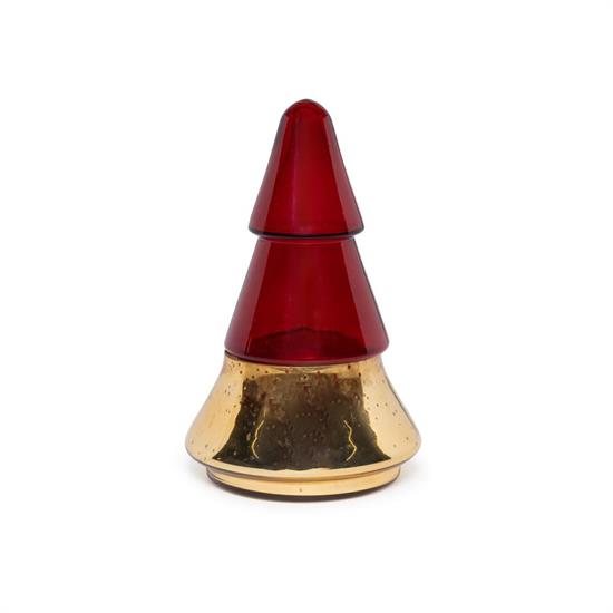 CANDELA PROFUMATA IN COFANETTO ALBERO VETRO 10cm ORO/ROSSO
