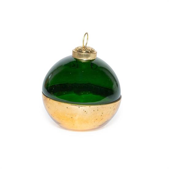CANDELA PROFUMATA IN COFANETTO PALLA VETRO 8cm ORO/VERDE
