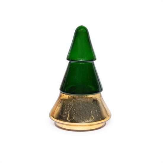 CANDELA PROFUMATA IN COFANETTO ALBERO VETRO 10cm ORO/VERDE